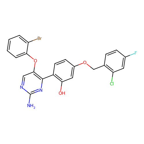 2-[2-amino-5-(2-bromophenoxy)-4-pyrimidinyl]-5-[(2-chloro-4-fluorobenzyl)oxy]phenol structure