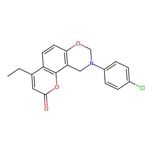 9-(4-chlorophenyl)-4-ethyl-9,10-dihydro-2H,8H-chromeno[8,7-e][1,3]oxazin-2-one structure