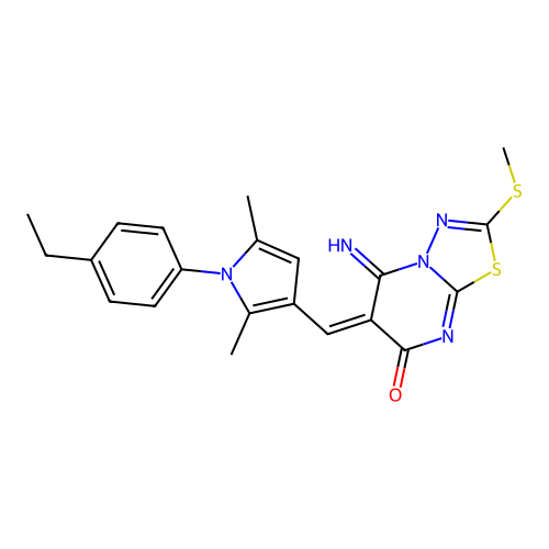 (6E)-6-[[1-(4-ethylphenyl)-2,5-dimethylpyrrol-3-yl]methylidene]-5-imino-2-methylsulfanyl-[1,3,4]thiadiazolo[3,2-a]pyrimidin-7-one structure