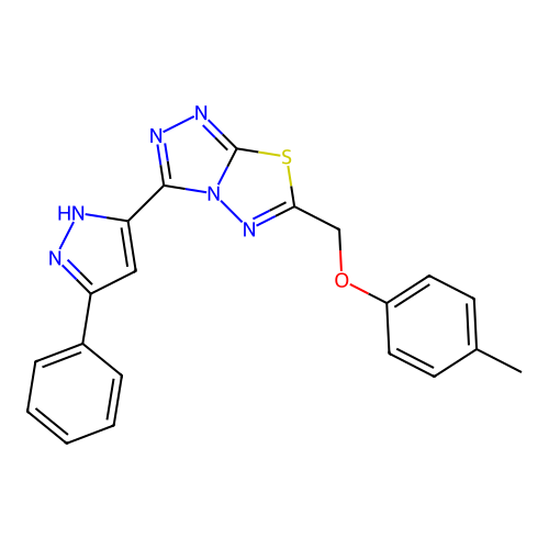 3-(3-phenyl-1H-pyrazol-5-yl)-6-((p-tolyloxy)methyl)-[1,2,4]triazolo[3,4-b][1,3,4]thiadiazole structure
