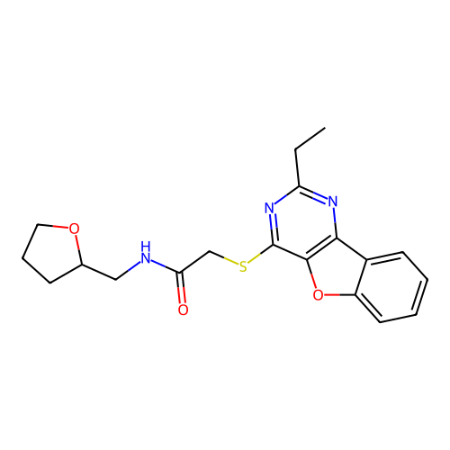 2-((2-ethylbenzofuro[3,2-d]pyrimidin-4-yl)thio)-N-((tetrahydrofuran-2-yl)methyl)acetamide structure
