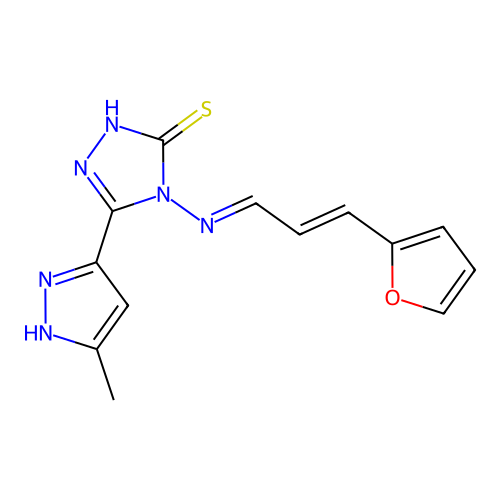 4-[(E)-[(E)-3-(furan-2-yl)prop-2-enylidene]amino]-3-(5-methyl-1H-pyrazol-3-yl)-1H-1,2,4-triazole-5-thione structure