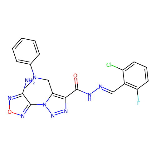 (E)-1-(4-amino-1,2,5-oxadiazol-3-yl)-N'-(2-chloro-6-fluorobenzylidene)-5-((methyl(phenyl)amino)methyl)-1H-1,2,3-triazole-4-carbohydrazide structure