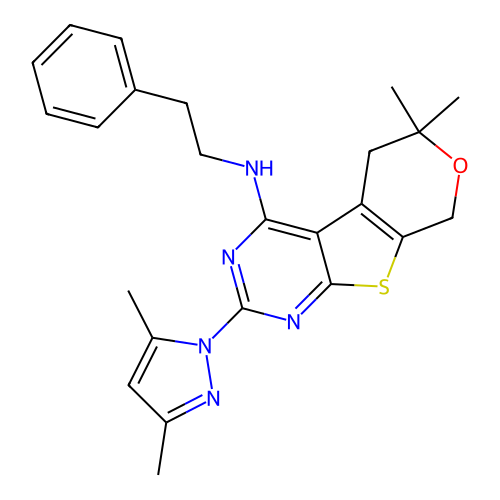 2-(3,5-dimethyl-1H-pyrazol-1-yl)-6,6-dimethyl-N-(2-phenylethyl)-5,8-dihydro-6H-pyrano[4',3':4,5]thieno[2,3-d]pyrimidin-4-amine structure