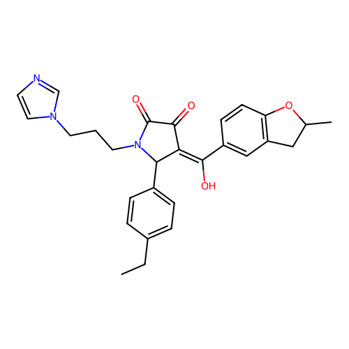 (4E)-5-(4-ethylphenyl)-4-[hydroxy-(2-methyl-2,3-dihydro-1-benzofuran-5-yl)methylidene]-1-(3-imidazol-1-ylpropyl)pyrrolidine-2,3-dione structure