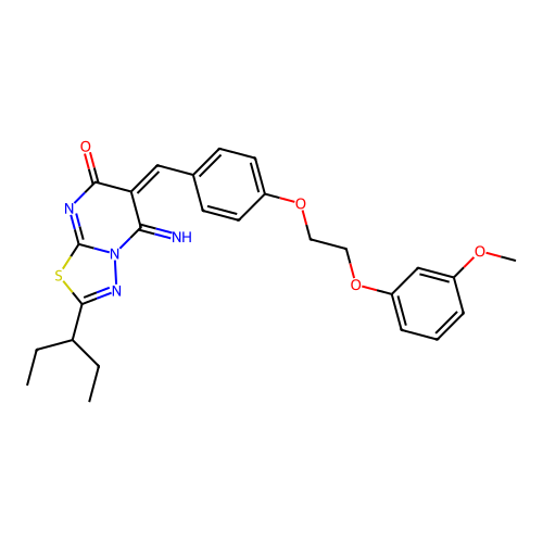 (E)-5-imino-6-(4-(2-(3-methoxyphenoxy)ethoxy)benzylidene)-2-(pentan-3-yl)-5H-[1,3,4]thiadiazolo[3,2-a]pyrimidin-7(6H)-one structure