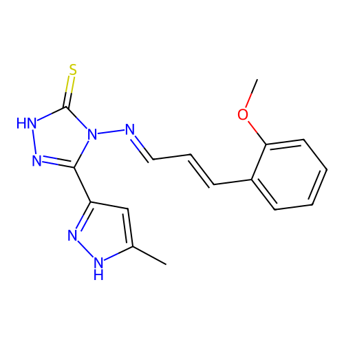 4-((E)-((E)-3-(2-methoxyphenyl)allylidene)amino)-5-(3-methyl-1H-pyrazol-5-yl)-4H-1,2,4-triazole-3-thiol structure