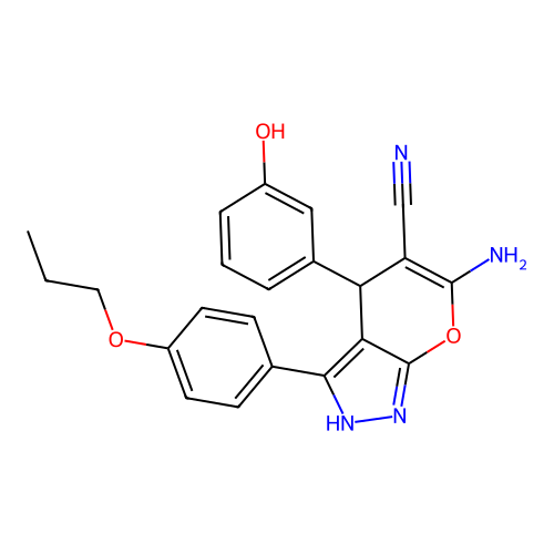 6-amino-4-(3-hydroxyphenyl)-3-(4-propoxyphenyl)-2,4-dihydropyrano[2,3-c]pyrazole-5-carbonitrile structure