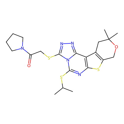 2-((5-(isopropylthio)-10,10-dimethyl-10,11-dihydro-8H-pyrano[4',3':4,5]thieno[3,2-e][1,2,4]triazolo[4,3-c]pyrimidin-3-yl)thio)-1-(pyrrolidin-1-yl)ethanone structure