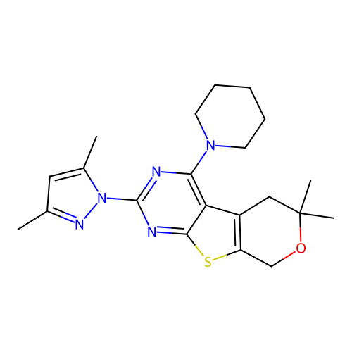 2-(3,5-dimethyl-1H-pyrazol-1-yl)-6,6-dimethyl-4-(piperidin-1-yl)-5,8-dihydro-6H-pyrano[4',3':4,5]thieno[2,3-d]pyrimidine structure