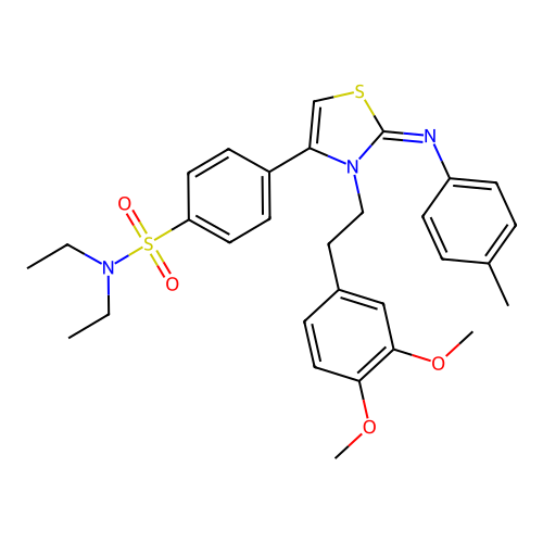 4-{(2Z)-3-[2-(3,4-dimethoxyphenyl)ethyl]-2-[(4-methylphenyl)imino]-2,3-dihydro-1,3-thiazol-4-yl}-N,N-diethylbenzenesulfonamide structure