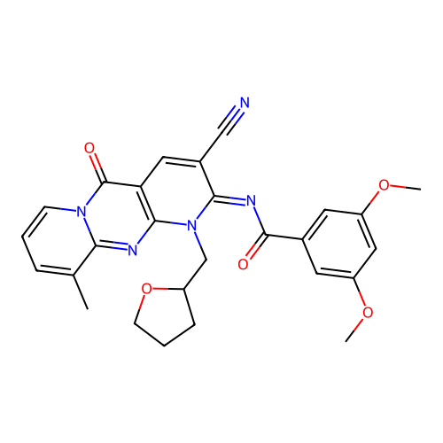 (E)-N-(3-cyano-10-methyl-5-oxo-1-((tetrahydrofuran-2-yl)methyl)-1H-dipyrido[1,2-a:2',3'-d]pyrimidin-2(5H)-ylidene)-3,5-dimethoxybenzamide structure
