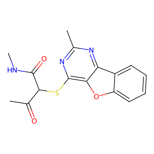 N-methyl-2-[(2-methyl[1]benzofuro[3,2-d]pyrimidin-4-yl)sulfanyl]-3-oxobutanamide structure