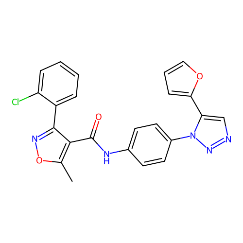 3-(2-chlorophenyl)-N-(4-(5-(furan-2-yl)-1H-1,2,3-triazol-1-yl)phenyl)-5-methylisoxazole-4-carboxamide structure