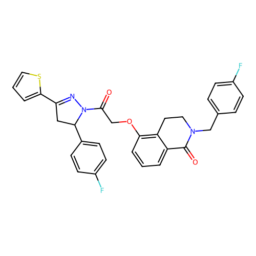5-{2-[5-(4-fluorophenyl)-3-(thiophen-2-yl)-4,5-dihydro-1H-pyrazol-1-yl]-2-oxoethoxy}-2-[(4-fluorophenyl)methyl]-1,2,3,4-tetrahydroisoquinolin-1-one structure