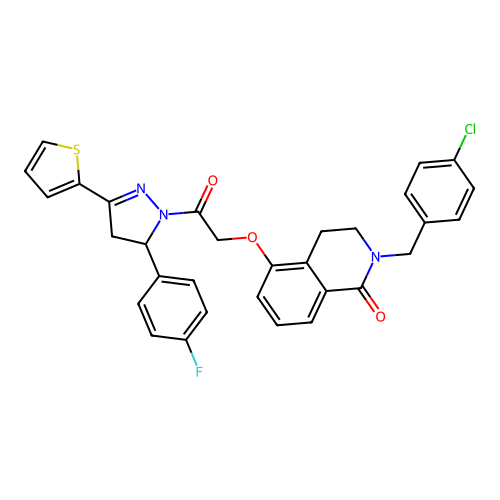 2-(4-chlorobenzyl)-5-(2-(5-(4-fluorophenyl)-3-(thiophen-2-yl)-4,5-dihydro-1H-pyrazol-1-yl)-2-oxoethoxy)-3,4-dihydroisoquinolin-1(2H)-one structure