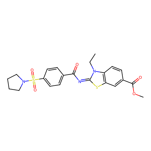 (Z)-methyl 3-ethyl-2-((4-(pyrrolidin-1-ylsulfonyl)benzoyl)imino)-2,3-dihydrobenzo[d]thiazole-6-carboxylate structure