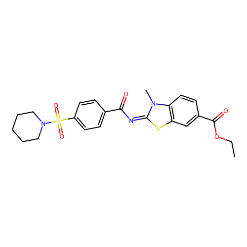 (E)-ethyl 3-methyl-2-((4-(piperidin-1-ylsulfonyl)benzoyl)imino)-2,3-dihydrobenzo[d]thiazole-6-carboxylate structure