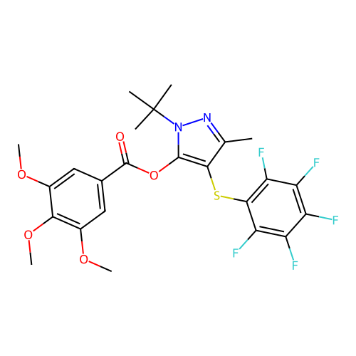 1-tert-butyl-3-methyl-4-[(2,3,4,5,6-pentafluorophenyl)sulfanyl]-1H-pyrazol-5-yl 3,4,5-trimethoxybenzoate structure