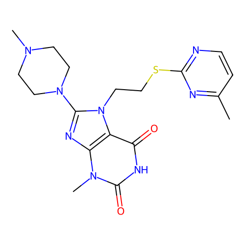 3-methyl-8-(4-methylpiperazin-1-yl)-7-(2-((4-methylpyrimidin-2-yl)thio)ethyl)-1H-purine-2,6(3H,7H)-dione structure