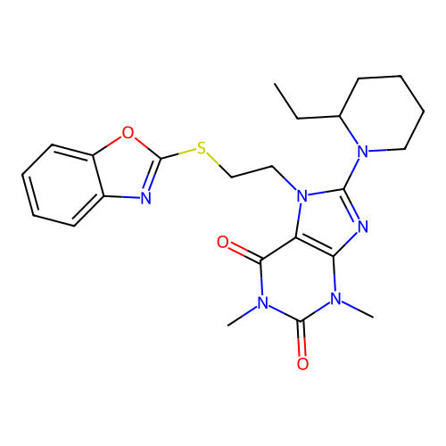 7-(2-(benzo[d]oxazol-2-ylthio)ethyl)-8-(2-ethylpiperidin-1-yl)-1,3-dimethyl-1H-purine-2,6(3H,7H)-dione structure