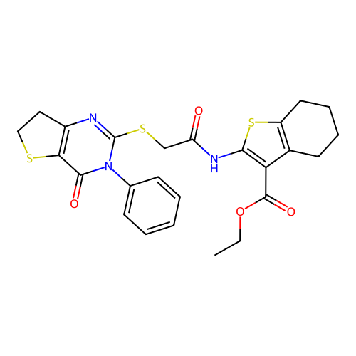 ethyl 2-(2-((4-oxo-3-phenyl-3,4,6,7-tetrahydrothieno[3,2-d]pyrimidin-2-yl)thio)acetamido)-4,5,6,7-tetrahydrobenzo[b]thiophene-3-carboxylate structure