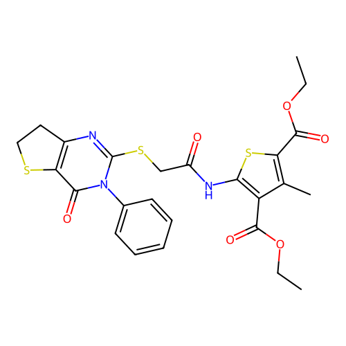 2,4-diethyl 3-methyl-5-[2-({4-oxo-3-phenyl-3H,4H,6H,7H-thieno[3,2-d]pyrimidin-2-yl}sulfanyl)acetamido]thiophene-2,4-dicarboxylate structure