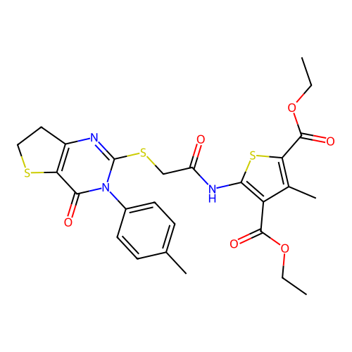 2,4-diethyl 3-methyl-5-(2-{[3-(4-methylphenyl)-4-oxo-3H,4H,6H,7H-thieno[3,2-d]pyrimidin-2-yl]sulfanyl}acetamido)thiophene-2,4-dicarboxylate structure
