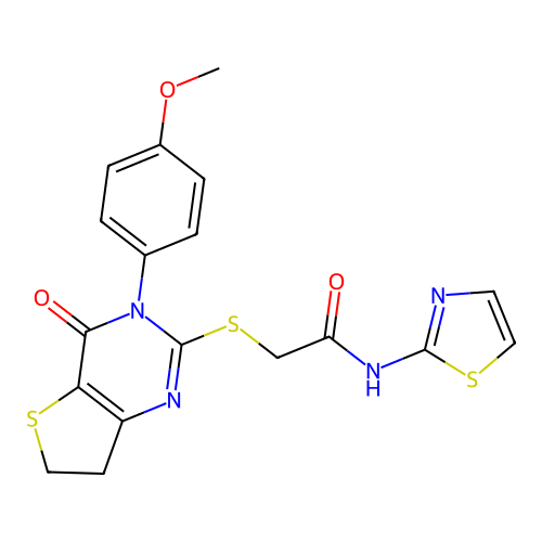 2-((3-(4-methoxyphenyl)-4-oxo-3,4,6,7-tetrahydrothieno[3,2-d]pyrimidin-2-yl)thio)-N-(thiazol-2-yl)acetamide structure