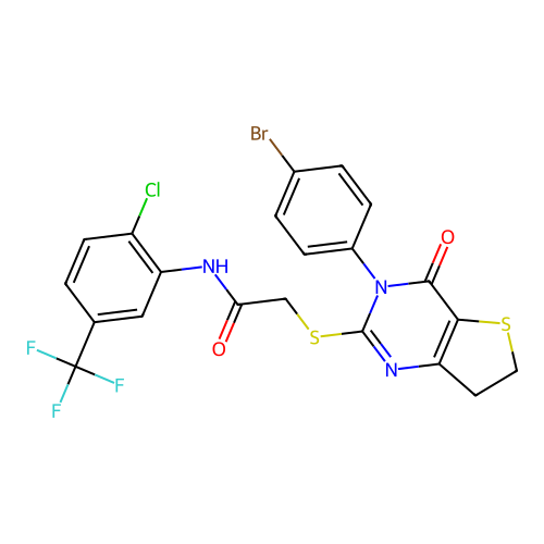 2-((3-(4-bromophenyl)-4-oxo-3,4,6,7-tetrahydrothieno[3,2-d]pyrimidin-2-yl)thio)-N-(2-chloro-5-(trifluoromethyl)phenyl)acetamide structure