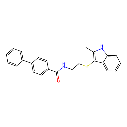 N-(2-((2-methyl-1H-indol-3-yl)thio)ethyl)-[1,1'-biphenyl]-4-carboxamide structure