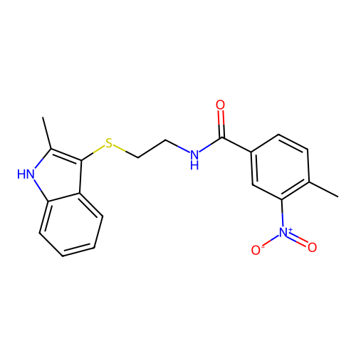 4-methyl-N-(2-((2-methyl-1H-indol-3-yl)thio)ethyl)-3-nitrobenzamide structure
