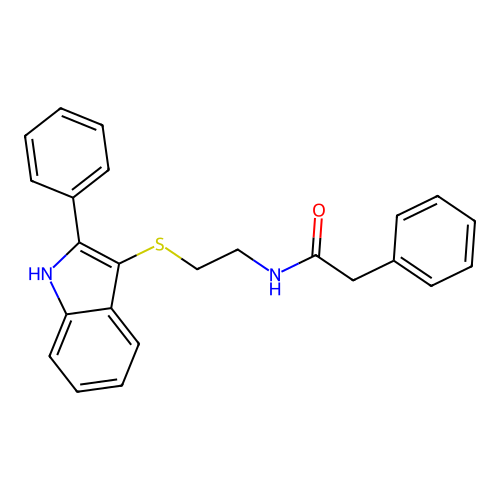 2-phenyl-N-(2-((2-phenyl-1H-indol-3-yl)thio)ethyl)acetamide structure