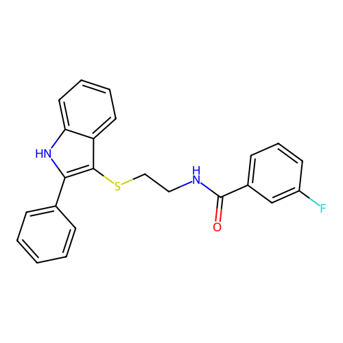 3-fluoro-N-(2-((2-phenyl-1H-indol-3-yl)thio)ethyl)benzamide structure