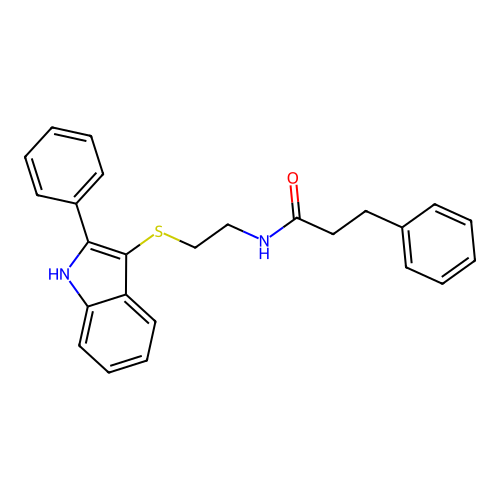 3-phenyl-N-(2-((2-phenyl-1H-indol-3-yl)thio)ethyl)propanamide structure