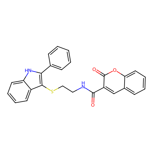 2-oxo-N-[2-[(2-phenyl-1H-indol-3-yl)thio]ethyl]-1-benzopyran-3-carboxamide structure