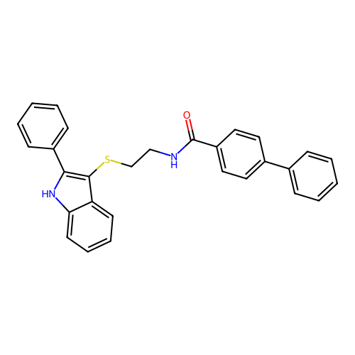 4-phenyl-N-[2-[(2-phenyl-1H-indol-3-yl)sulfanyl]ethyl]benzamide structure