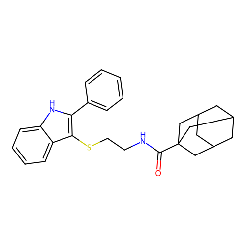 N-[2-[(2-phenyl-1H-indol-3-yl)sulfanyl]ethyl]adamantane-1-carboxamide structure