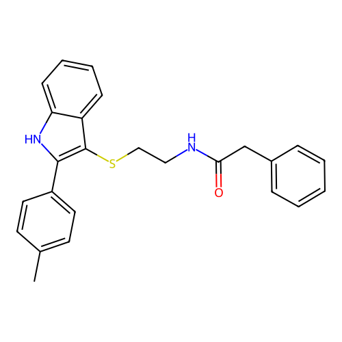 2-phenyl-N-(2-((2-(p-tolyl)-1H-indol-3-yl)thio)ethyl)acetamide structure