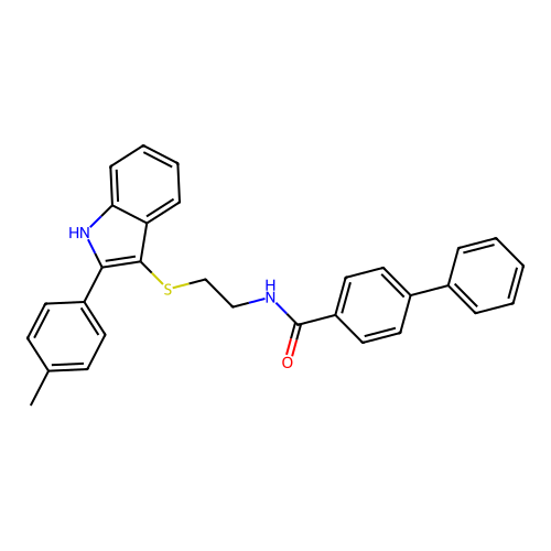 N-(2-((2-(p-tolyl)-1H-indol-3-yl)thio)ethyl)-[1,1'-biphenyl]-4-carboxamide structure