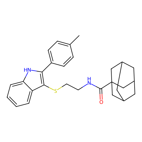 N-[2-[[2-(4-methylphenyl)-1H-indol-3-yl]sulfanyl]ethyl]adamantane-1-carboxamide structure