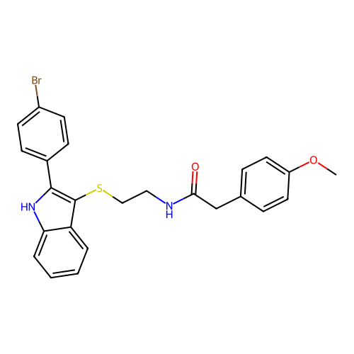 N-(2-((2-(4-bromophenyl)-1H-indol-3-yl)thio)ethyl)-2-(4-methoxyphenyl)acetamide structure