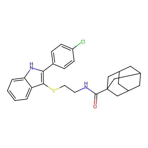 N-(2-{[2-(4-chlorophenyl)-1H-indol-3-yl]sulfanyl}ethyl)adamantane-1-carboxamide structure