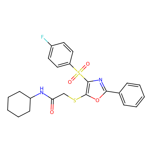N-cyclohexyl-2-((4-((4-fluorophenyl)sulfonyl)-2-phenyloxazol-5-yl)thio)acetamide structure