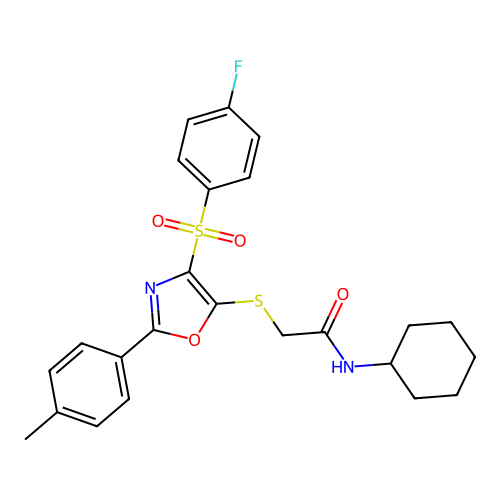 N-cyclohexyl-2-((4-((4-fluorophenyl)sulfonyl)-2-(p-tolyl)oxazol-5-yl)thio)acetamide structure
