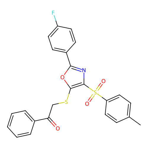 2-((2-(4-Fluorophenyl)-4-tosyloxazol-5-yl)thio)-1-phenylethanone structure