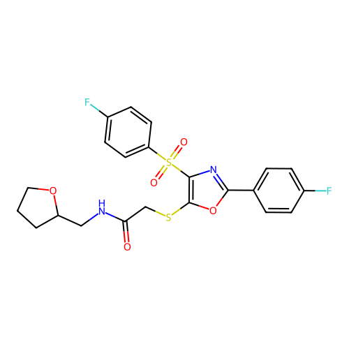 2-({2-(4-fluorophenyl)-4-[(4-fluorophenyl)sulfonyl]-1,3-oxazol-5-yl}thio)-N-(tetrahydrofuran-2-ylmethyl)acetamide structure