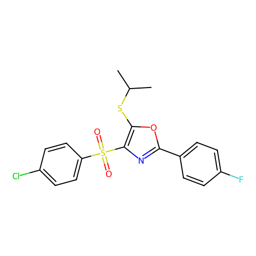 4-(4-Chlorophenyl)sulfonyl-2-(4-fluorophenyl)-5-propan-2-ylsulfanyl-1,3-oxazole structure