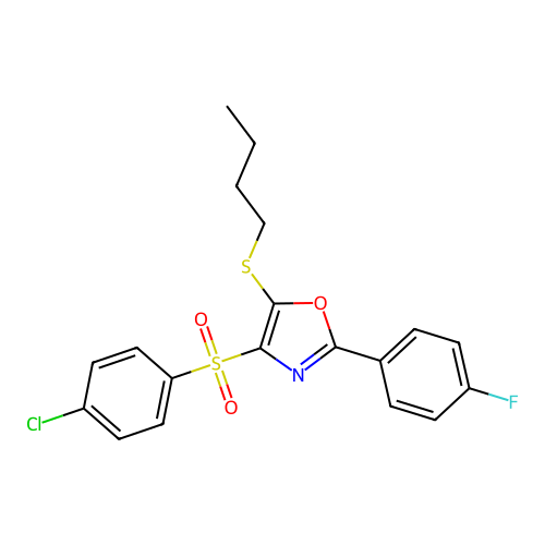 5-Butylsulfanyl-4-(4-chlorophenyl)sulfonyl-2-(4-fluorophenyl)-1,3-oxazole structure