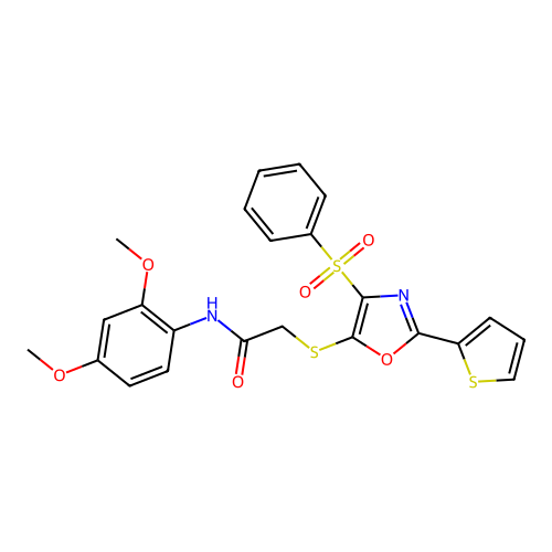2-[[4-(benzenesulfonyl)-2-thiophen-2-yl-1,3-oxazol-5-yl]sulfanyl]-N-(2,4-dimethoxyphenyl)acetamide structure